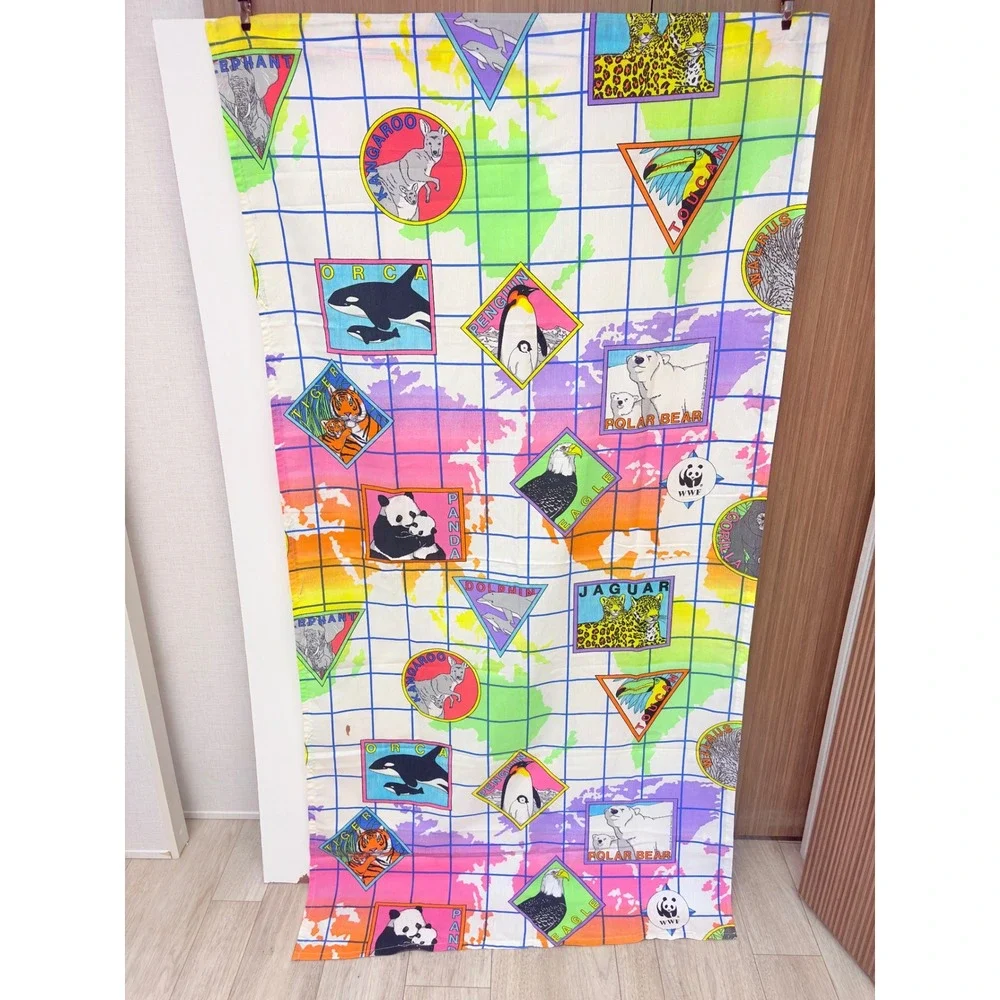 WWF Vintage 90s Rare Animal Map 4 panel Curtain Multi Color Retro Decor Wildlife